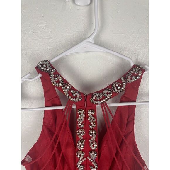 Sherri Hill  Red Beaded Halter Back Corset Style Prom Formal Dress Size 4 - Picture 7 of 10
